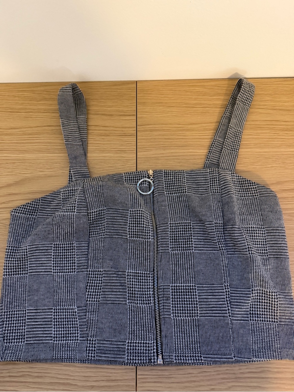 Plaid Zip-Front Crop Top in Black and White